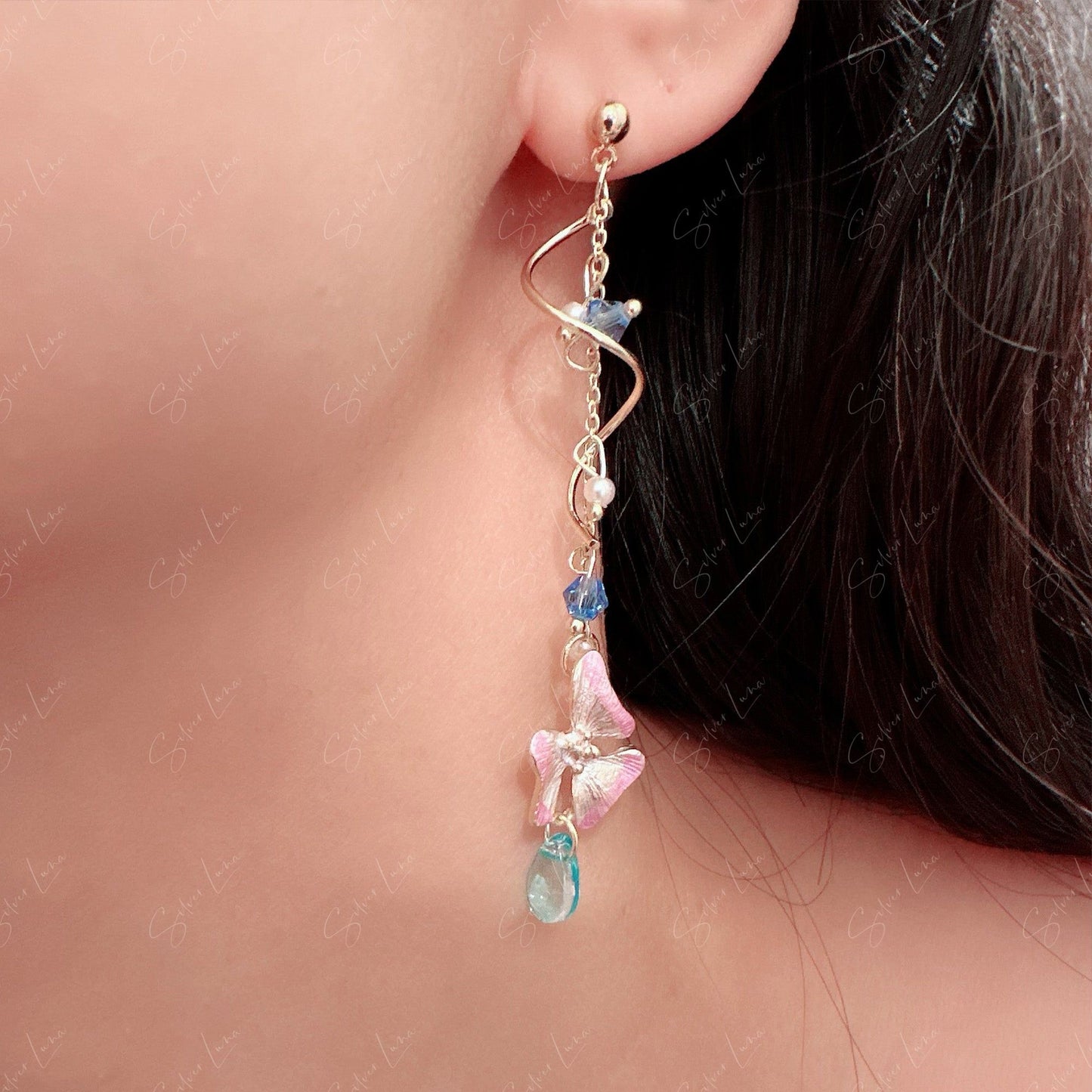 Enamel flower teardrop asymmetric dangle earrings