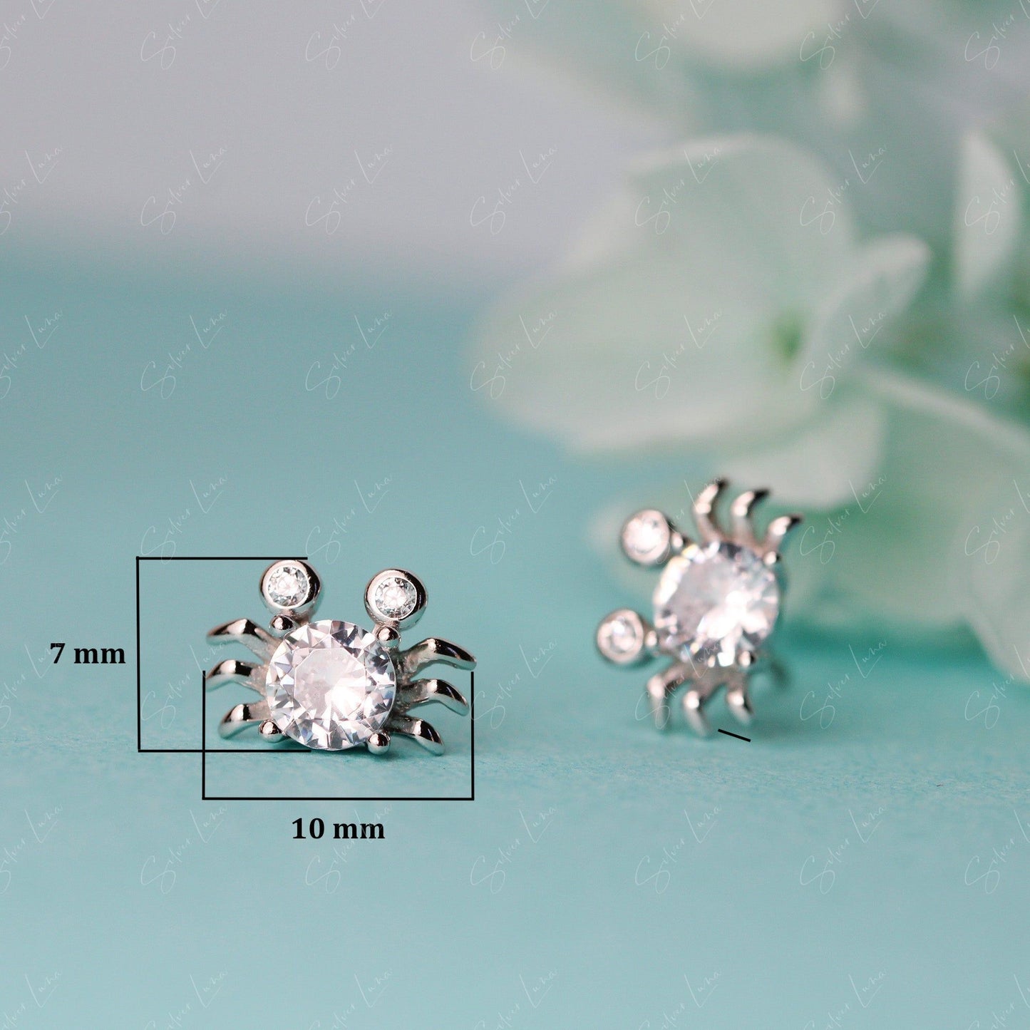 Cubic zirconia crab sterling silver stud earrings