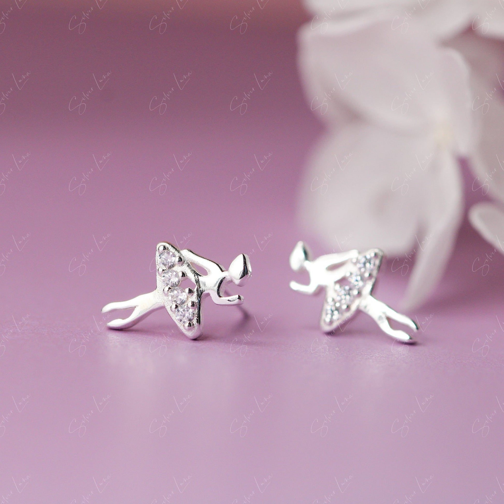 silver dancer girl stud earrings