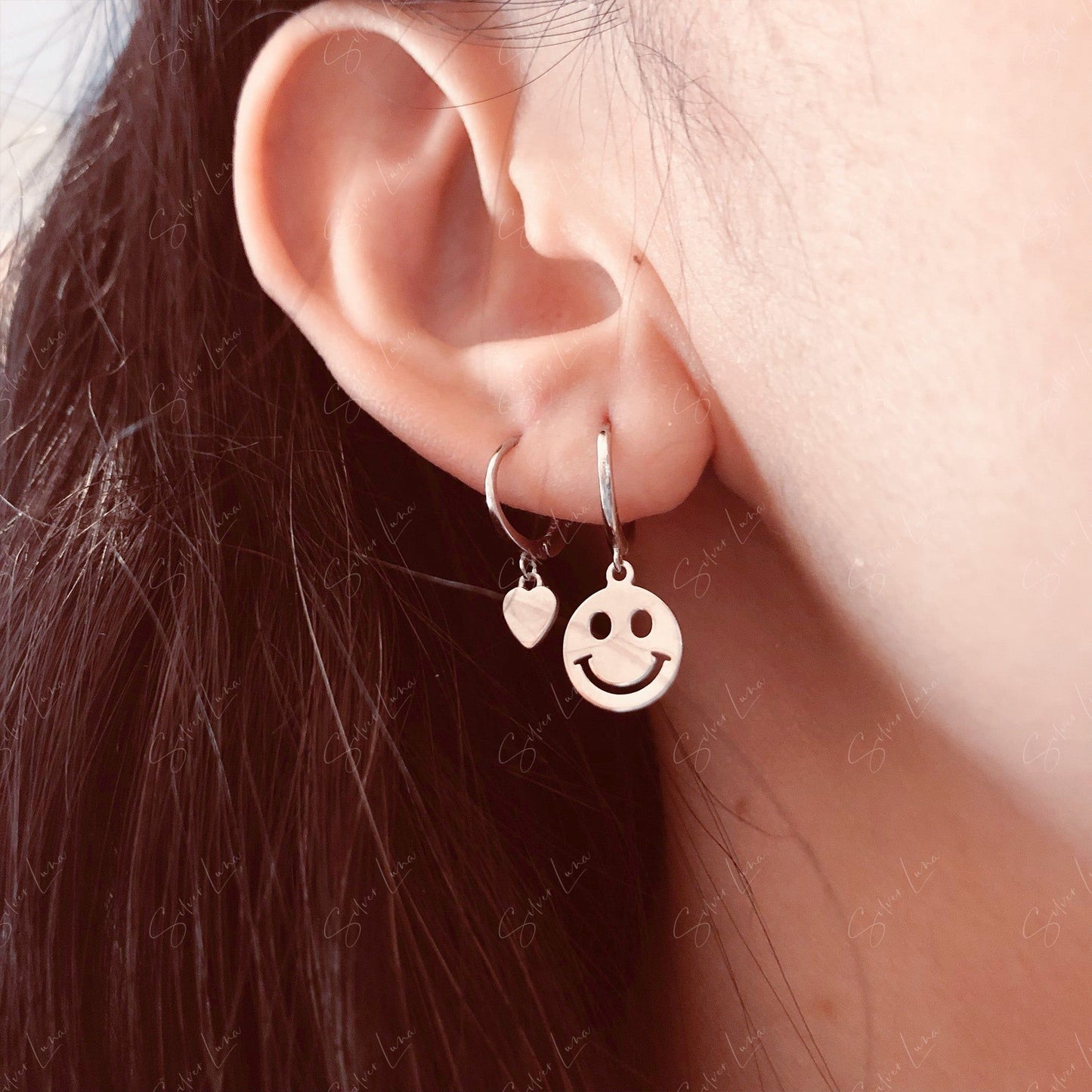 Happy face sterling silver hoop earrings