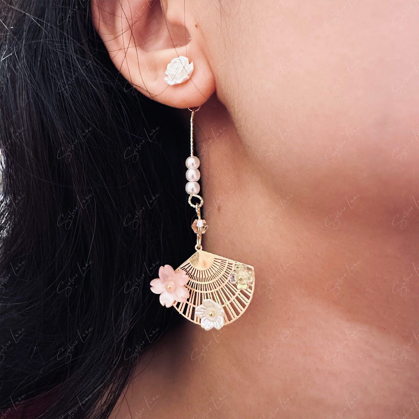 Asymmetric Japanese cherry blossom fan dangle earrings
