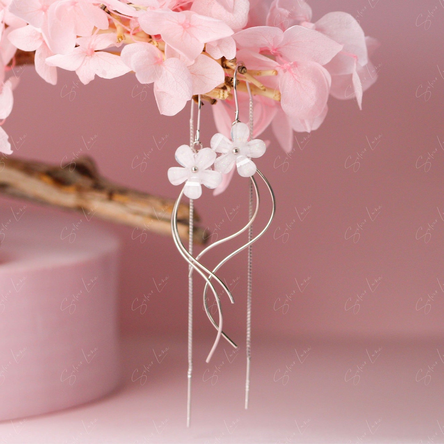 Cherry blossom flower dangle drop earrings