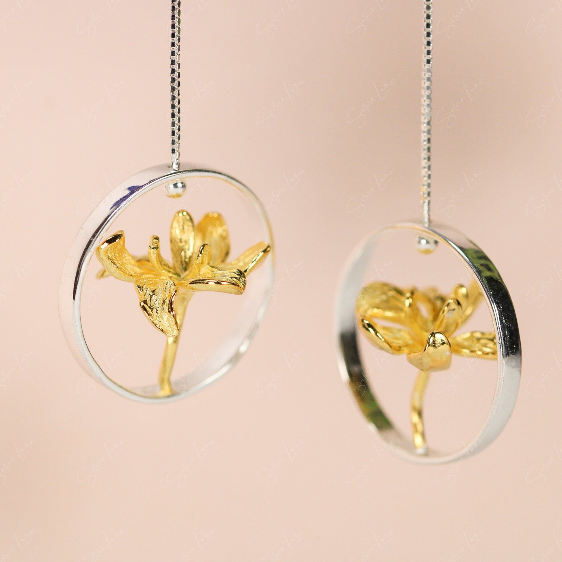 elegant gold flower silver earrings