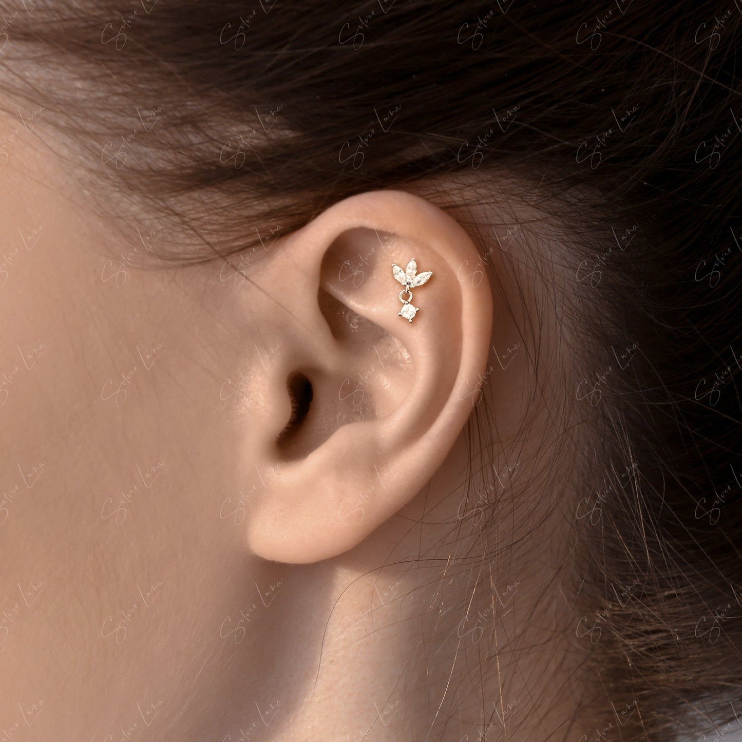 Lotus with stone drop sterling silver screw earrings