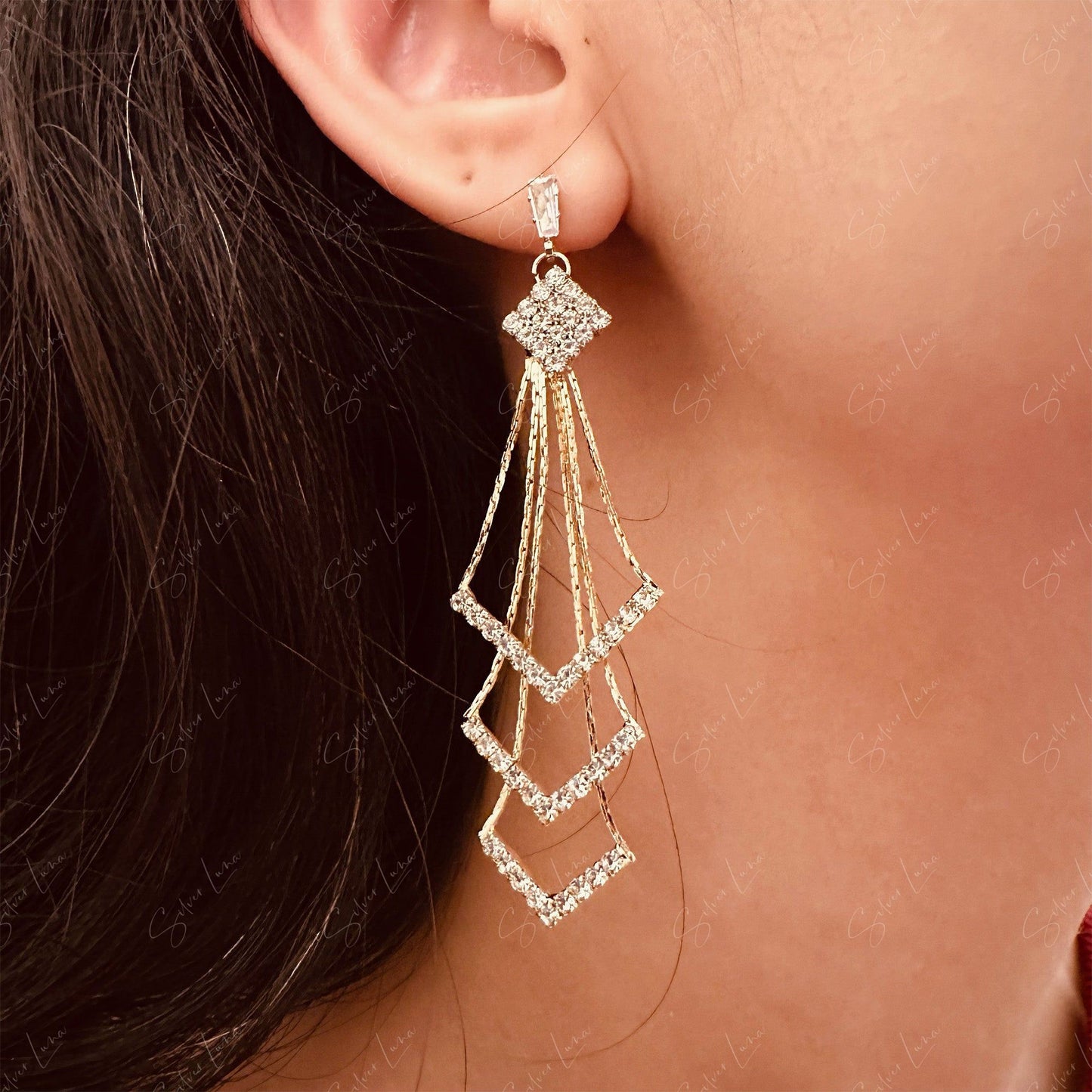 Geometric rhinestone dangle drop earrings