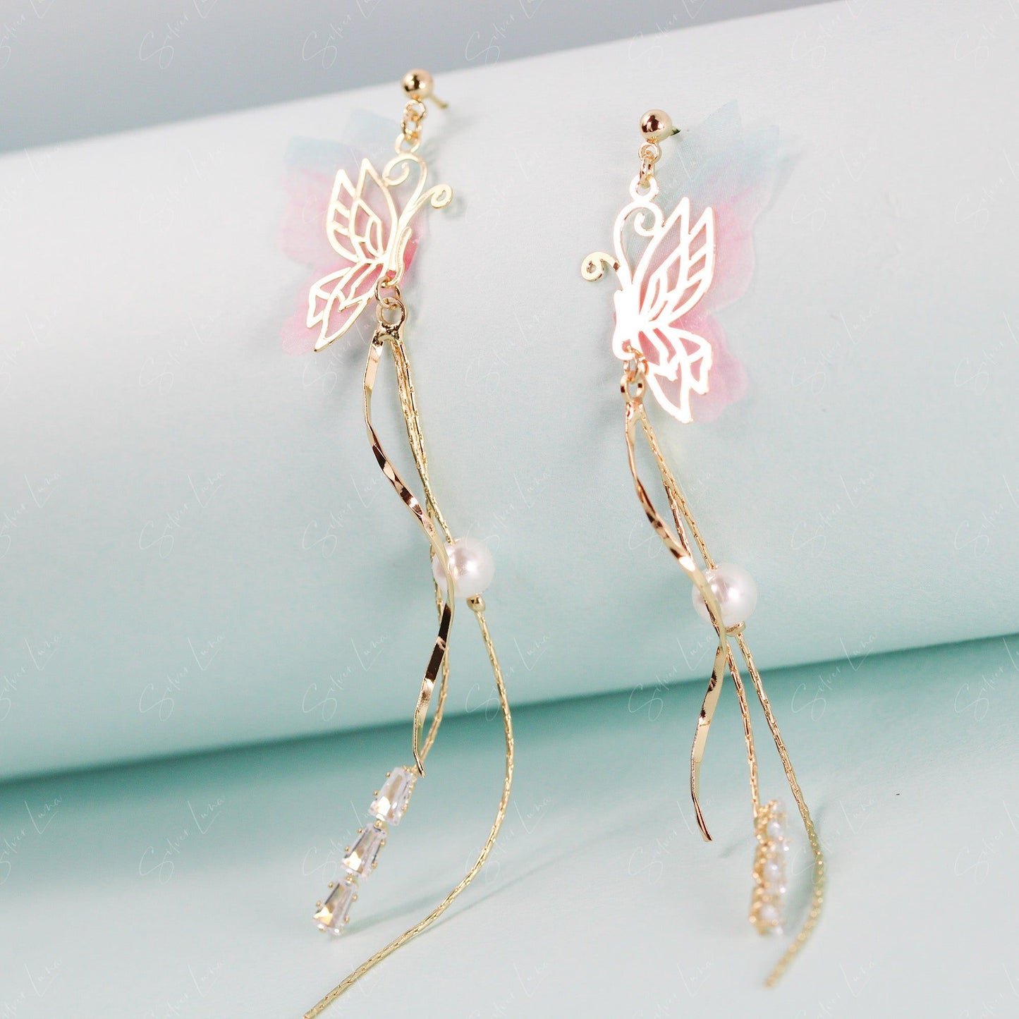 Fairy wing butterfly long drop earrings