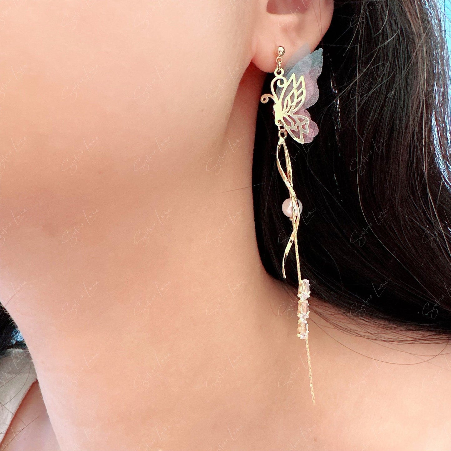 Fairy wing butterfly long drop earrings