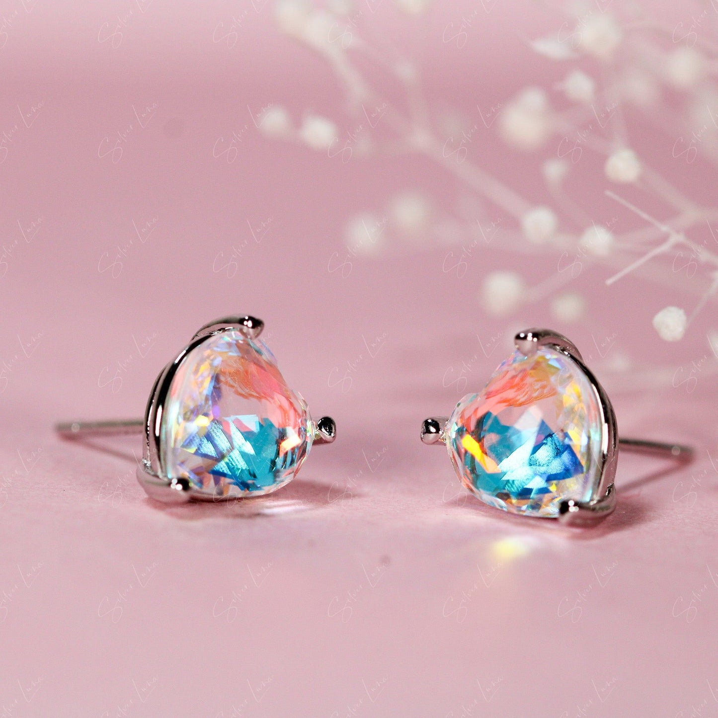 Rainbow heart crystal stud earrings
