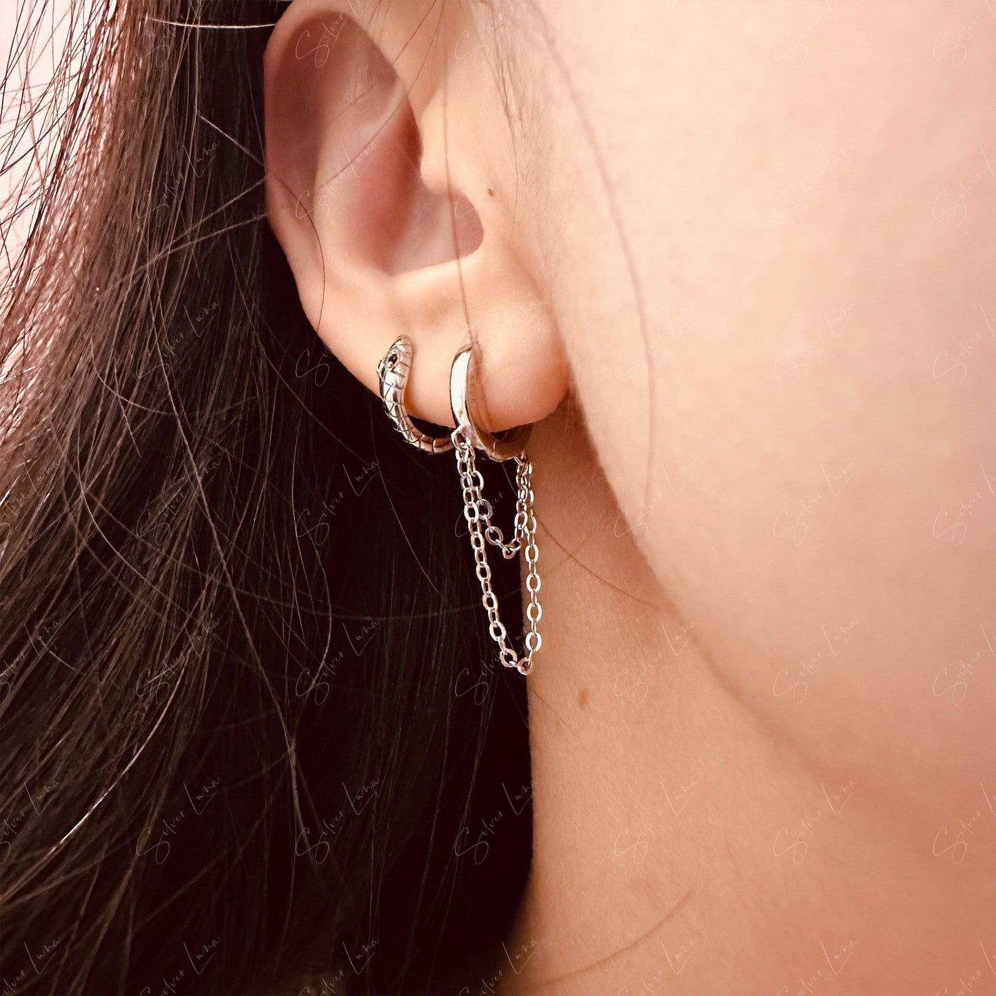 silver hoop earrings with chain