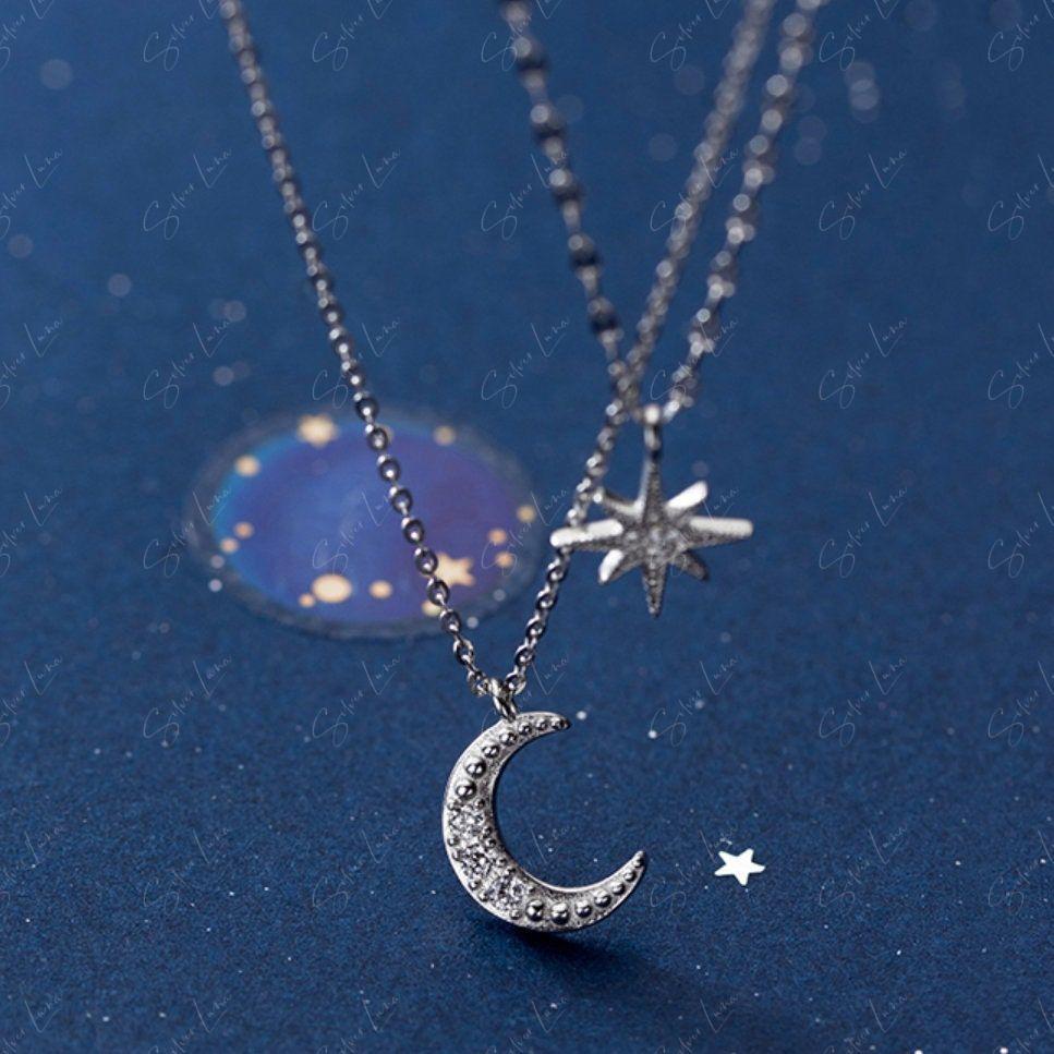Moon and start double layer pendant necklace