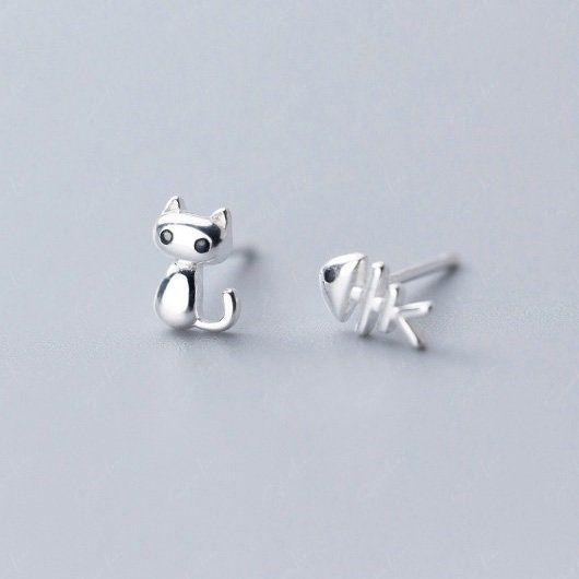 cat and fish bone stud earrings