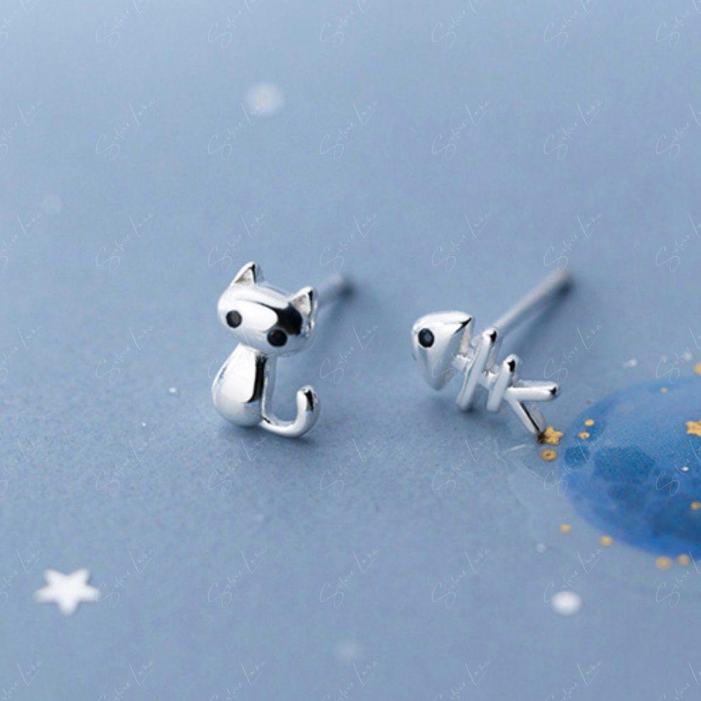 cat and fish bone studs earrings