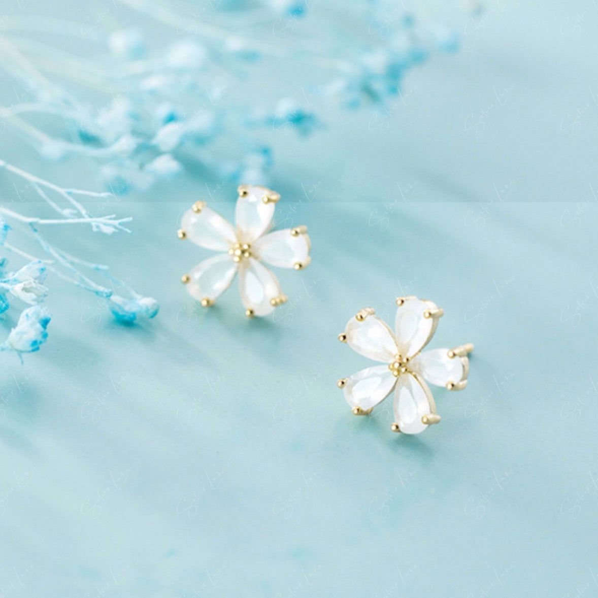 Gold opal flower stud earrings