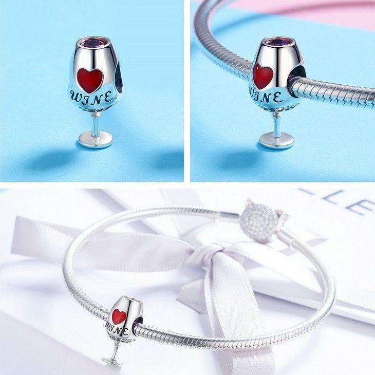 Red wine glass sterling silver charm bead