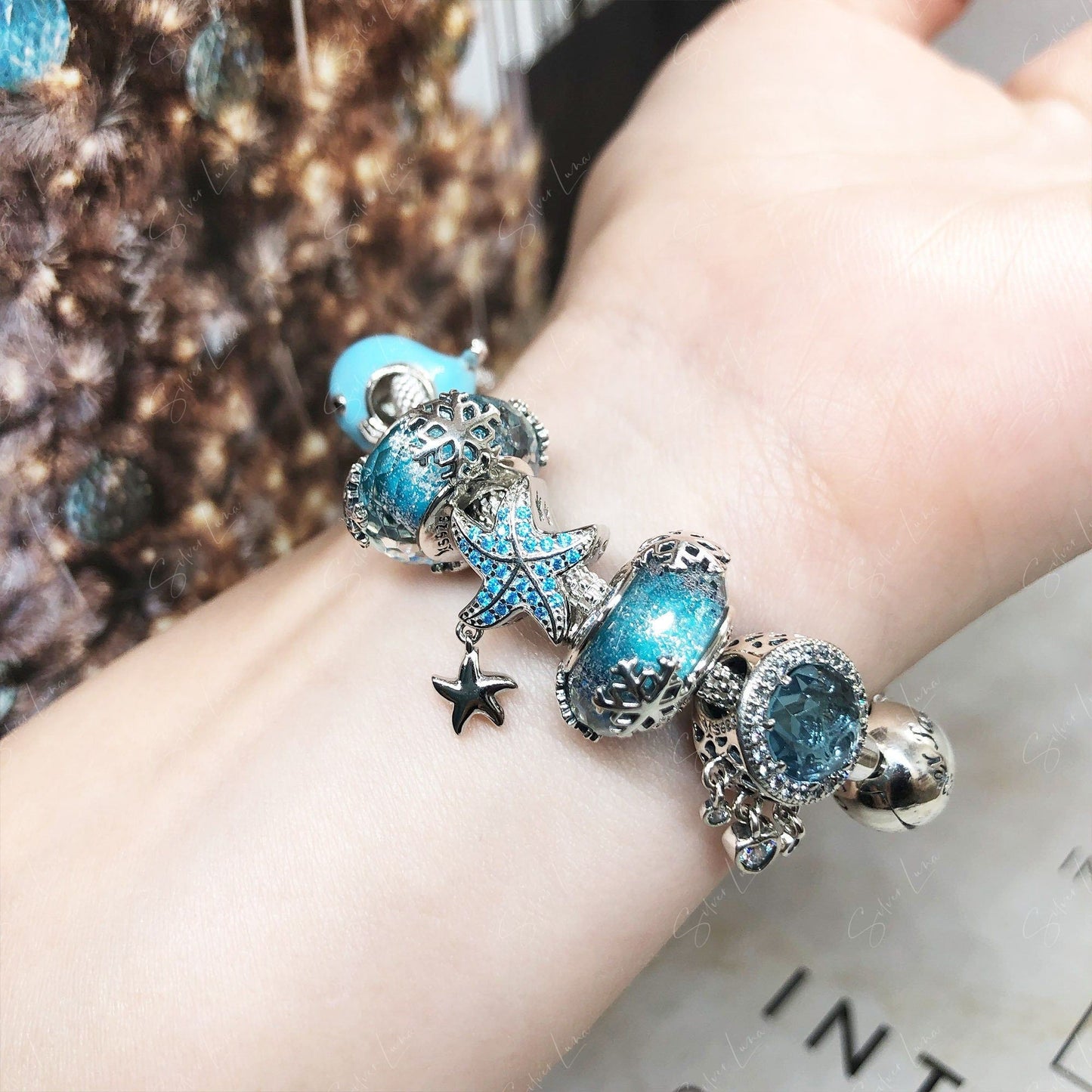 snowflake blue Murano glass bead charm