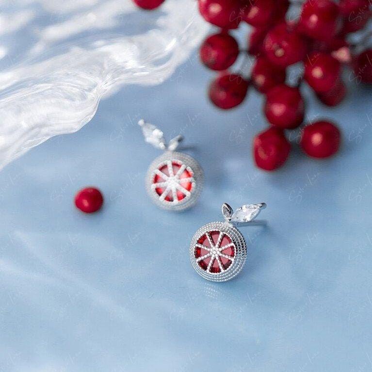 red pomegranate stud earrings