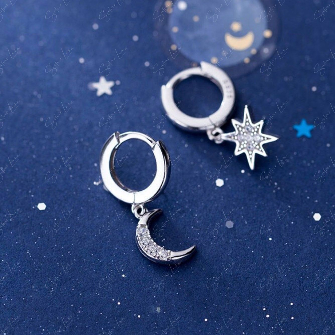asymmetric moon and star hoop earrings