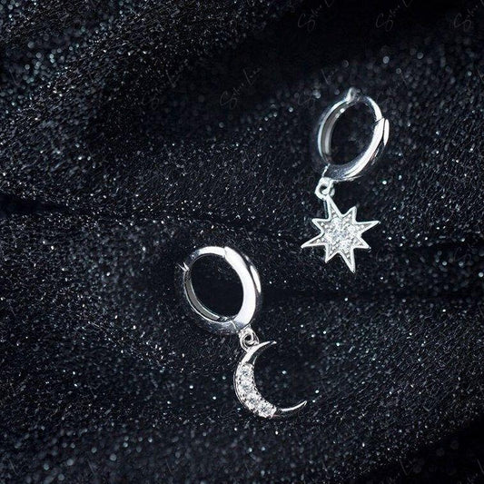 Moon and star asymmetric hoop earrings