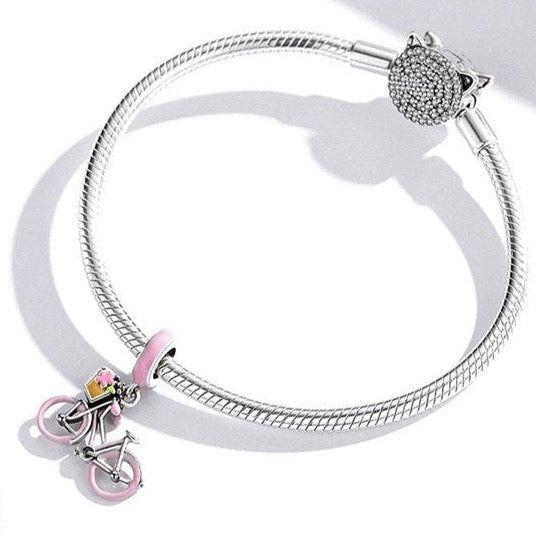Pink bicycle  with flower pendant sterling silver charm