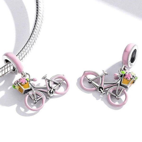 Pink bicycle  with flower pendant sterling silver charm