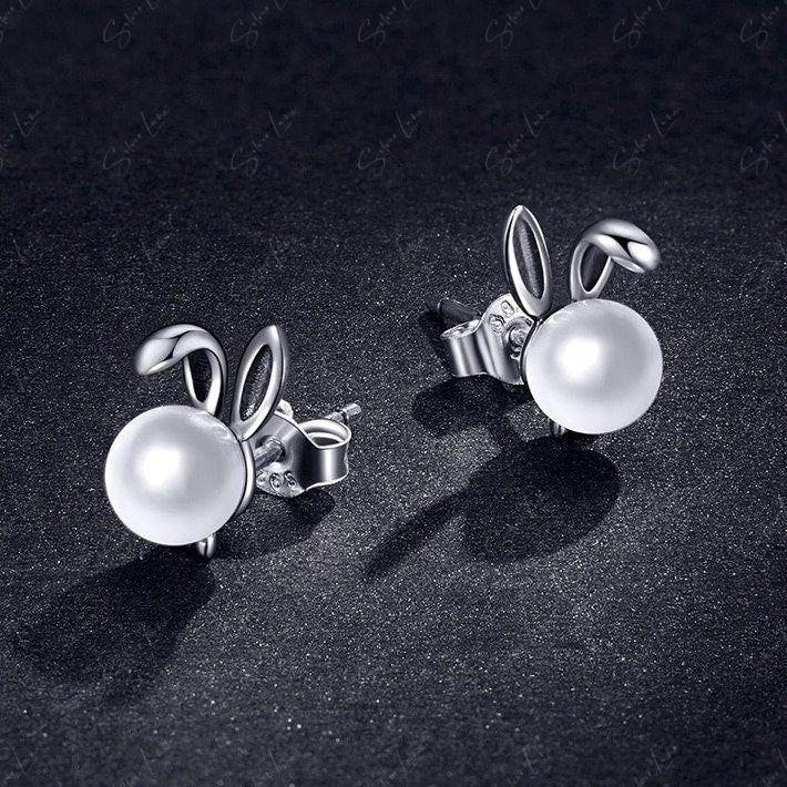 Cute rabbit bunny ear pearl stud earrings