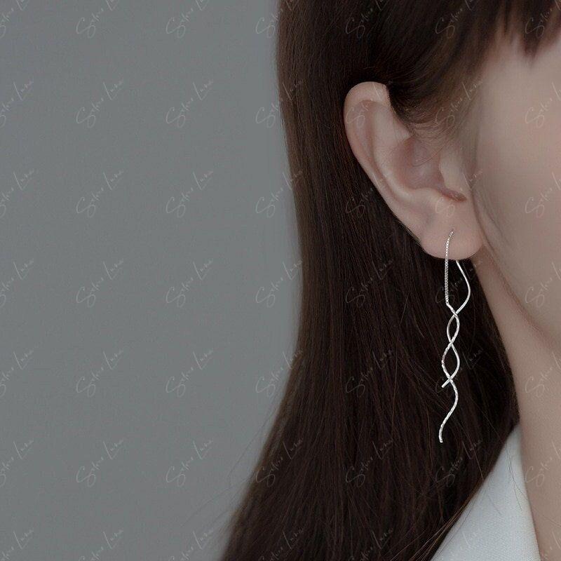 silver wave ear threader earrings