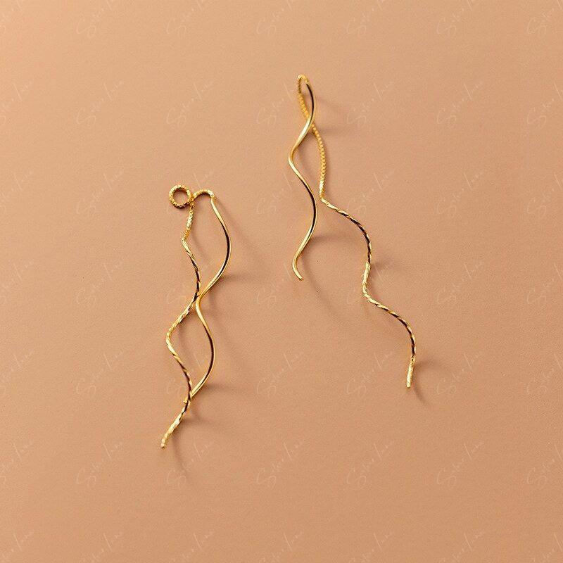 silver wave ear threader earrings