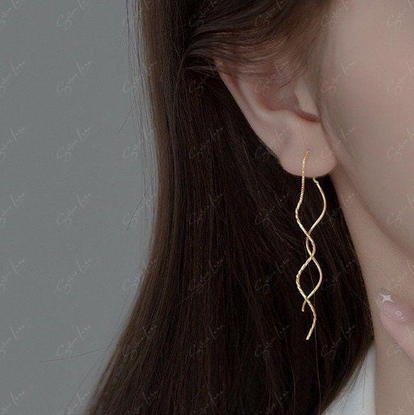 silver wave ear threader earrings