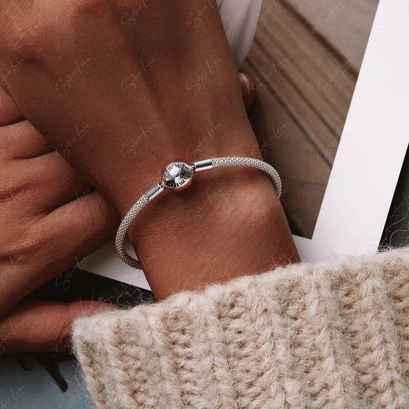 Texture semi soft bangle sterling silver bracelet for charms