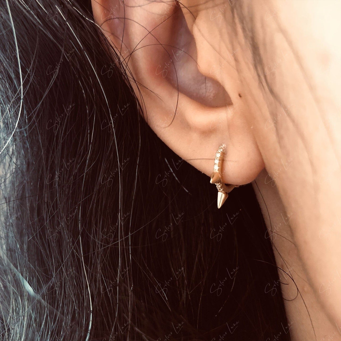 Three spikes sterling silver hoop earrings