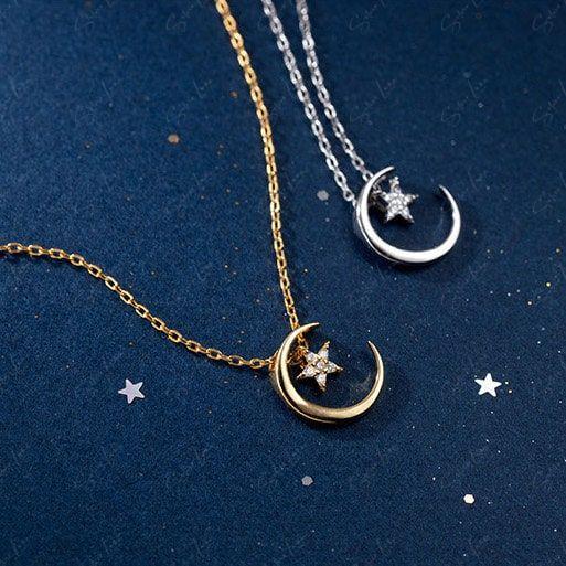 Star on moon sterling silver pendant necklace