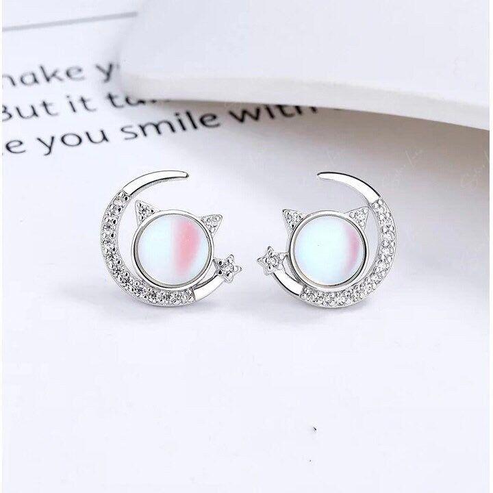 cat on moon stud earrings