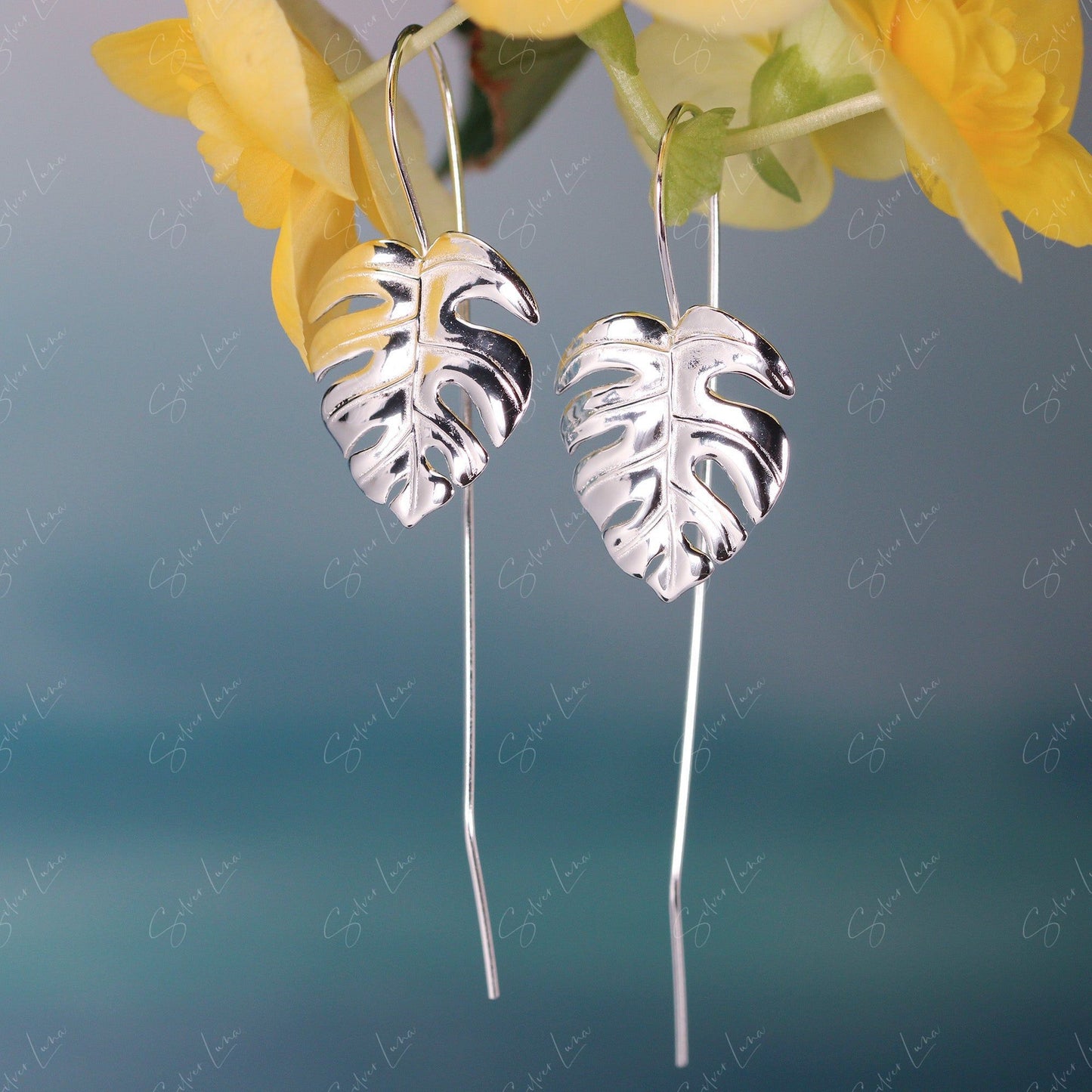 silver monstera leaf dangle drop earrings