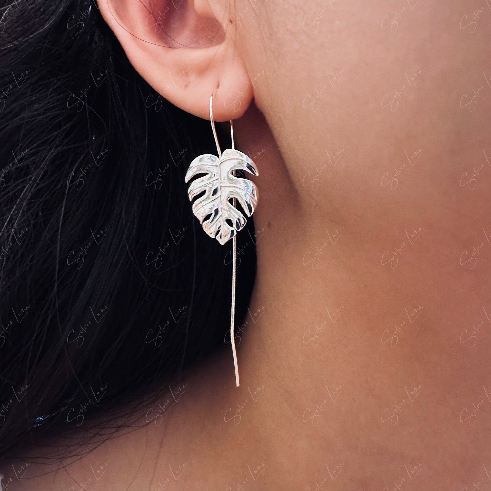 silver monstera leaves drop earrings