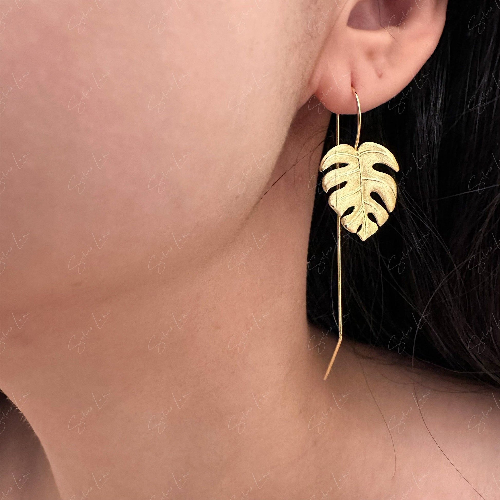 gold monstera leaf drop earrings