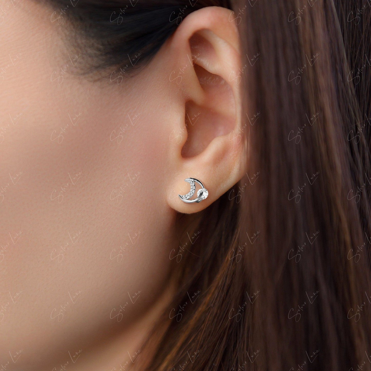 Cubic zirconia moon and star stud earrings