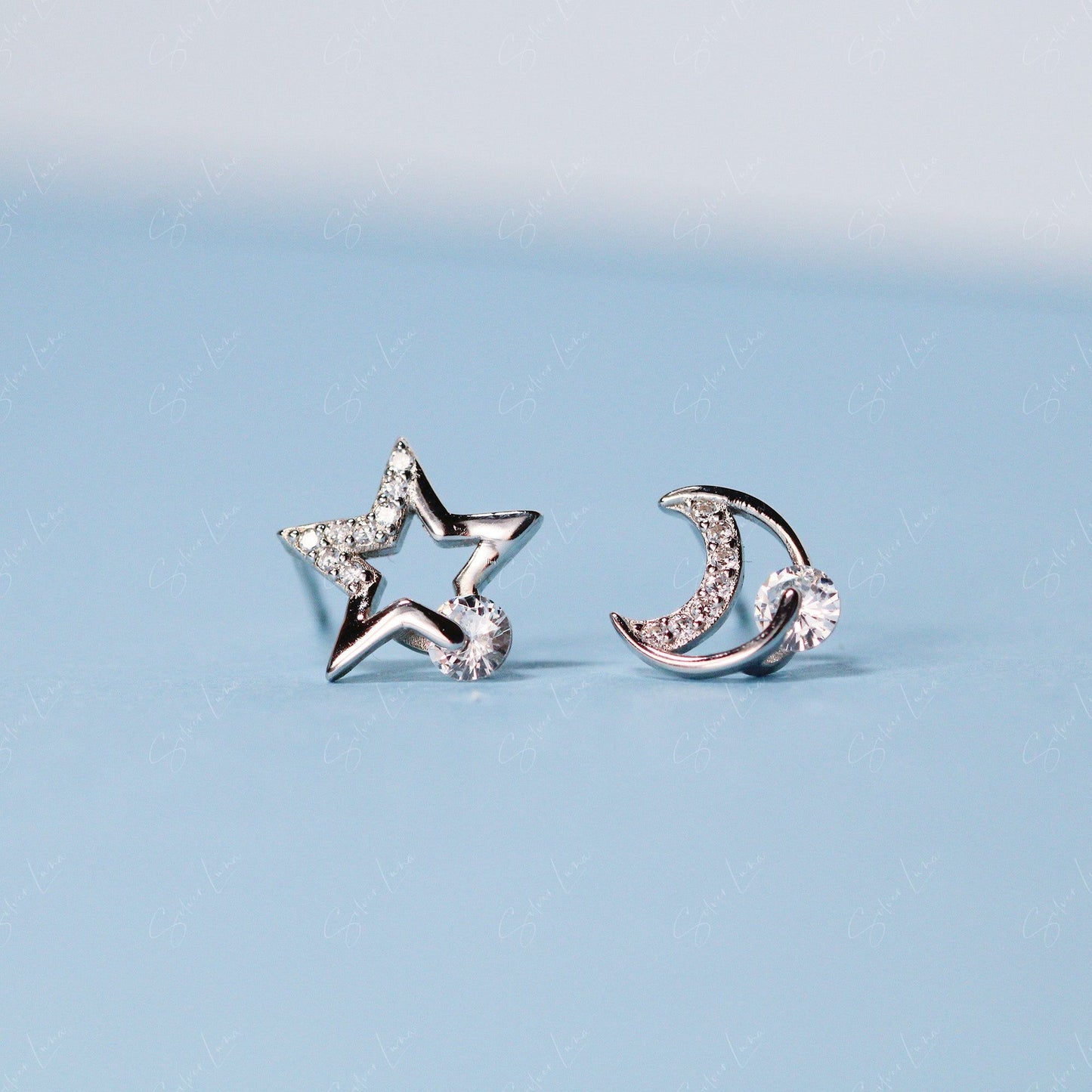 Cubic zirconia moon and star stud earrings