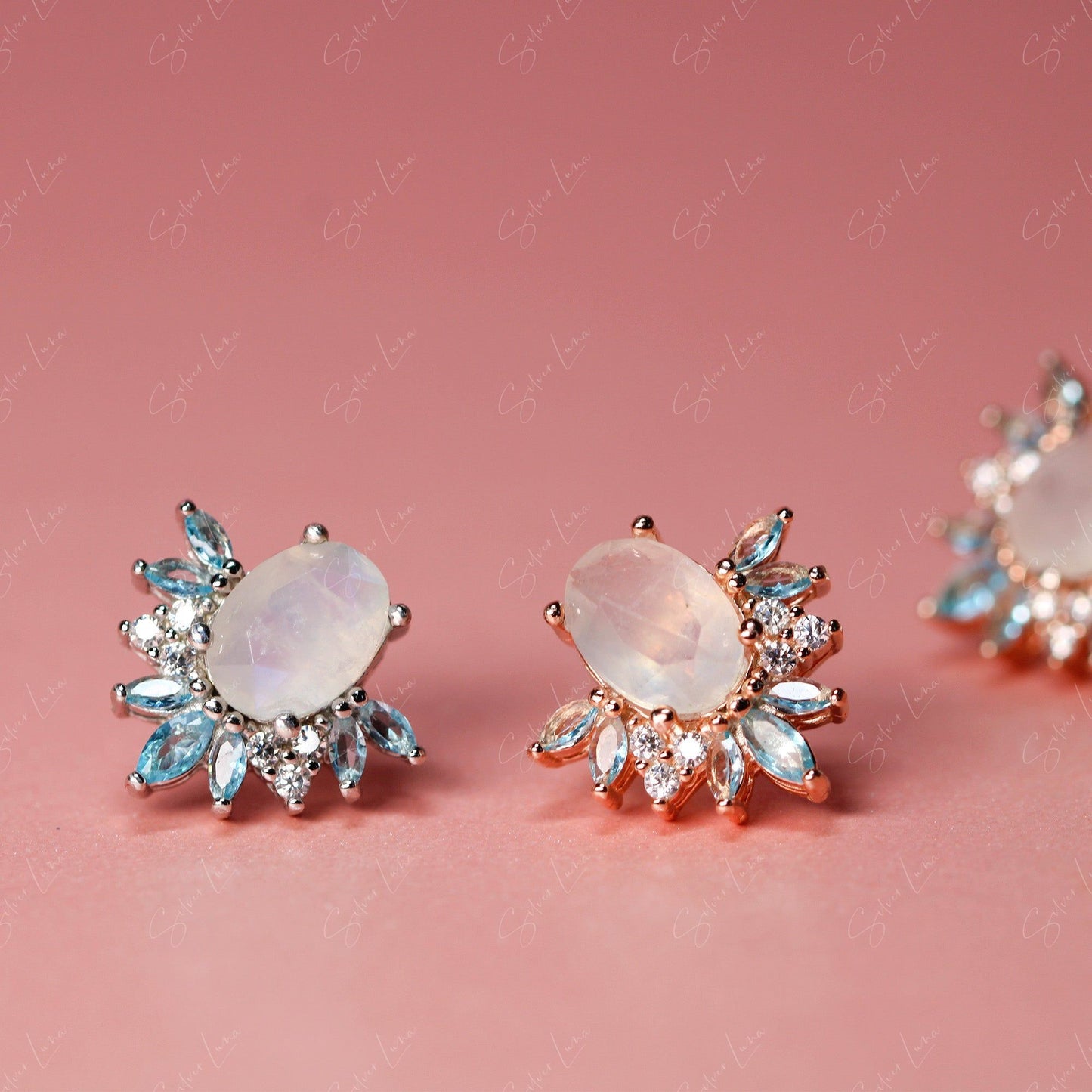 Natural moonstone silver stud earrings