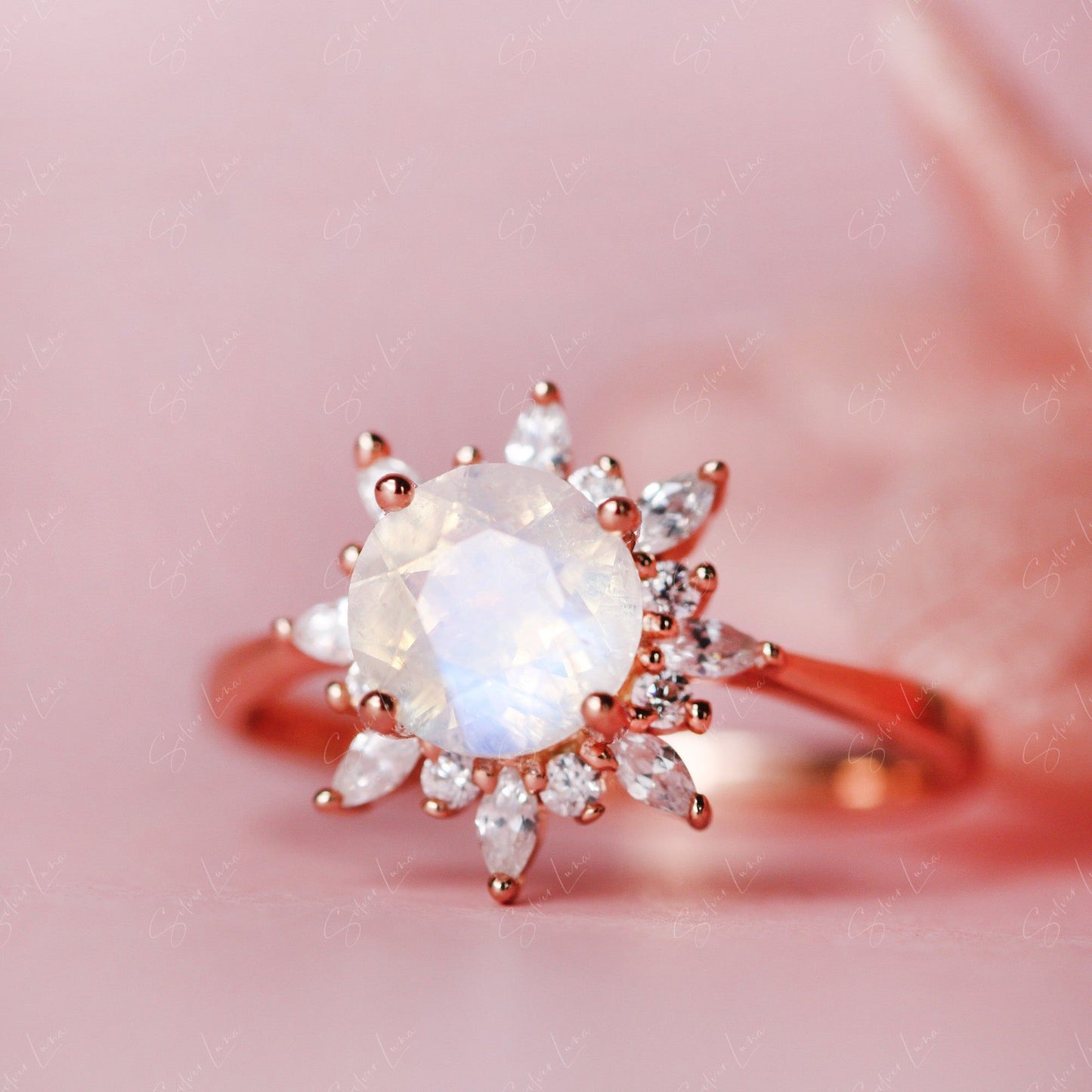 Moonstone halo engagement ring