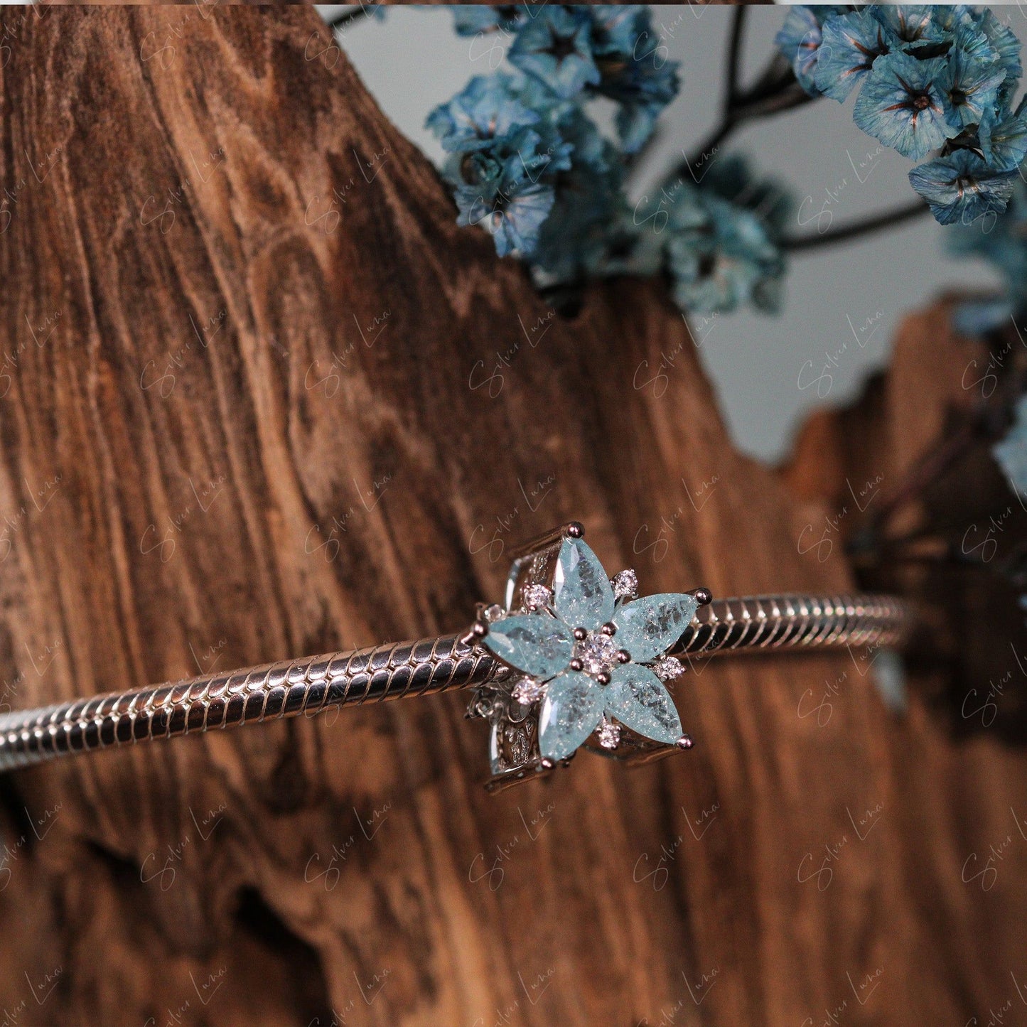 blue snow flower European charm bead