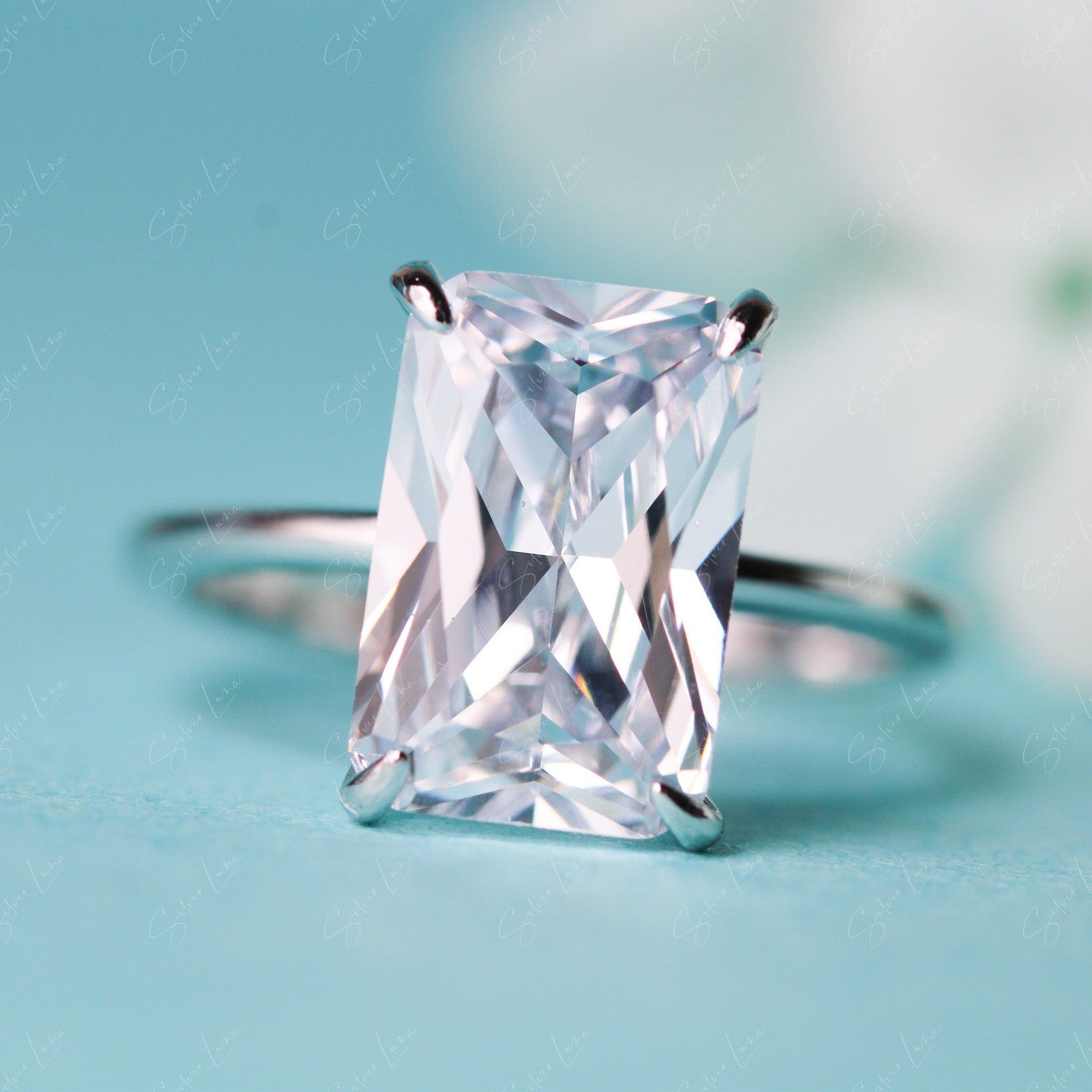 Radiant rectangle cubic zirconia engagement ring – The Silver Luna