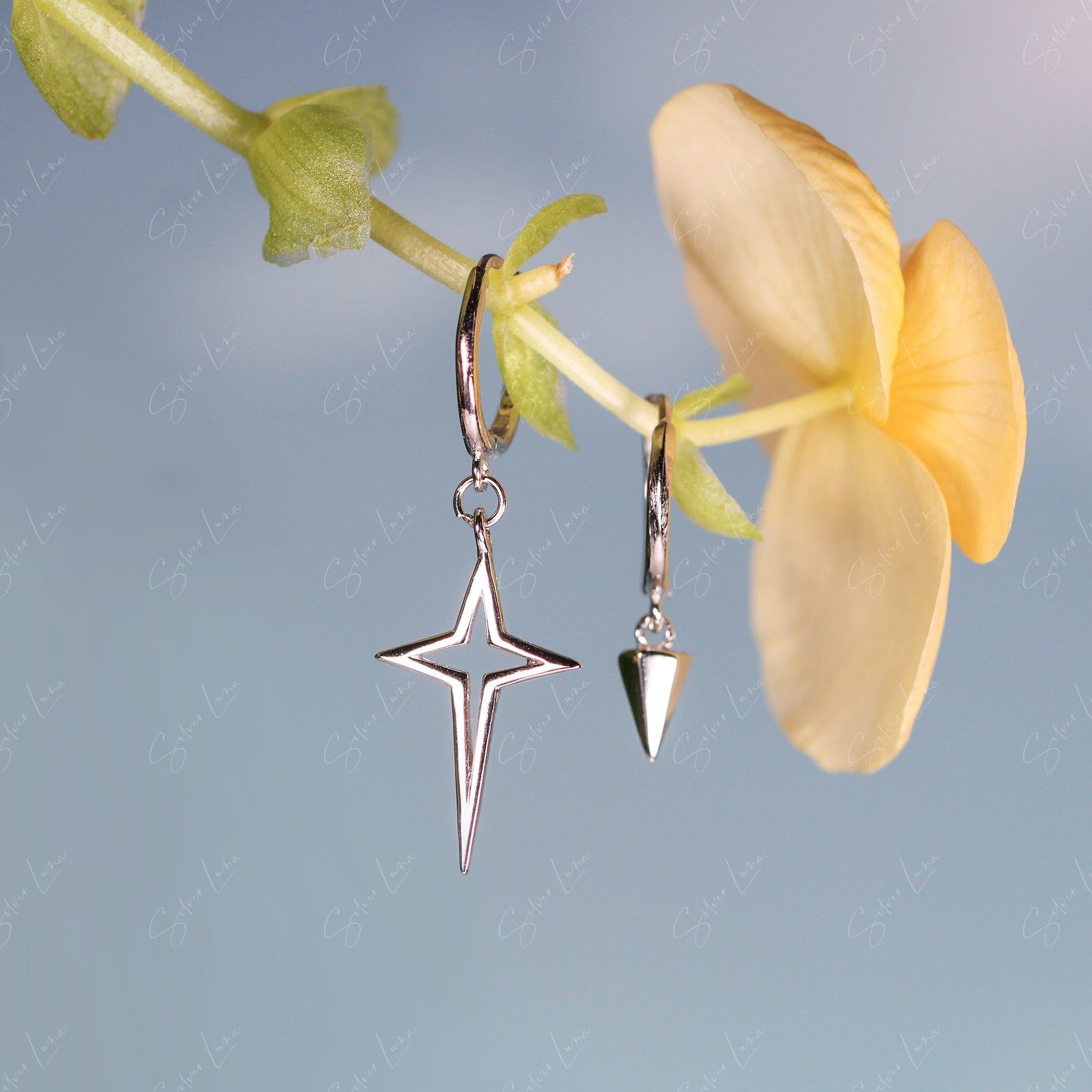 asymmetric star and cone hoop earrings