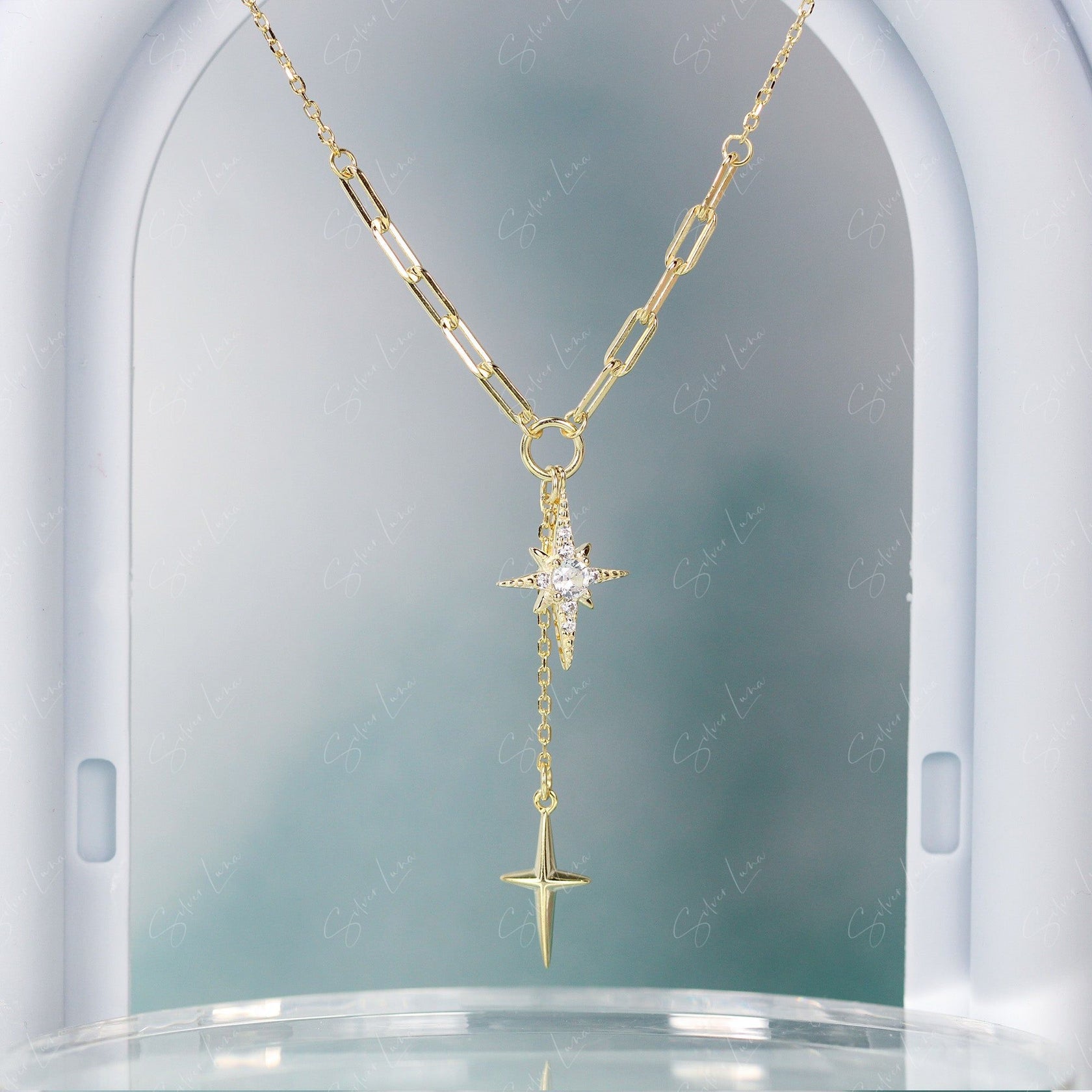 925 Sterling Silver C.Z Double Stars Necklace with 43cm Chain