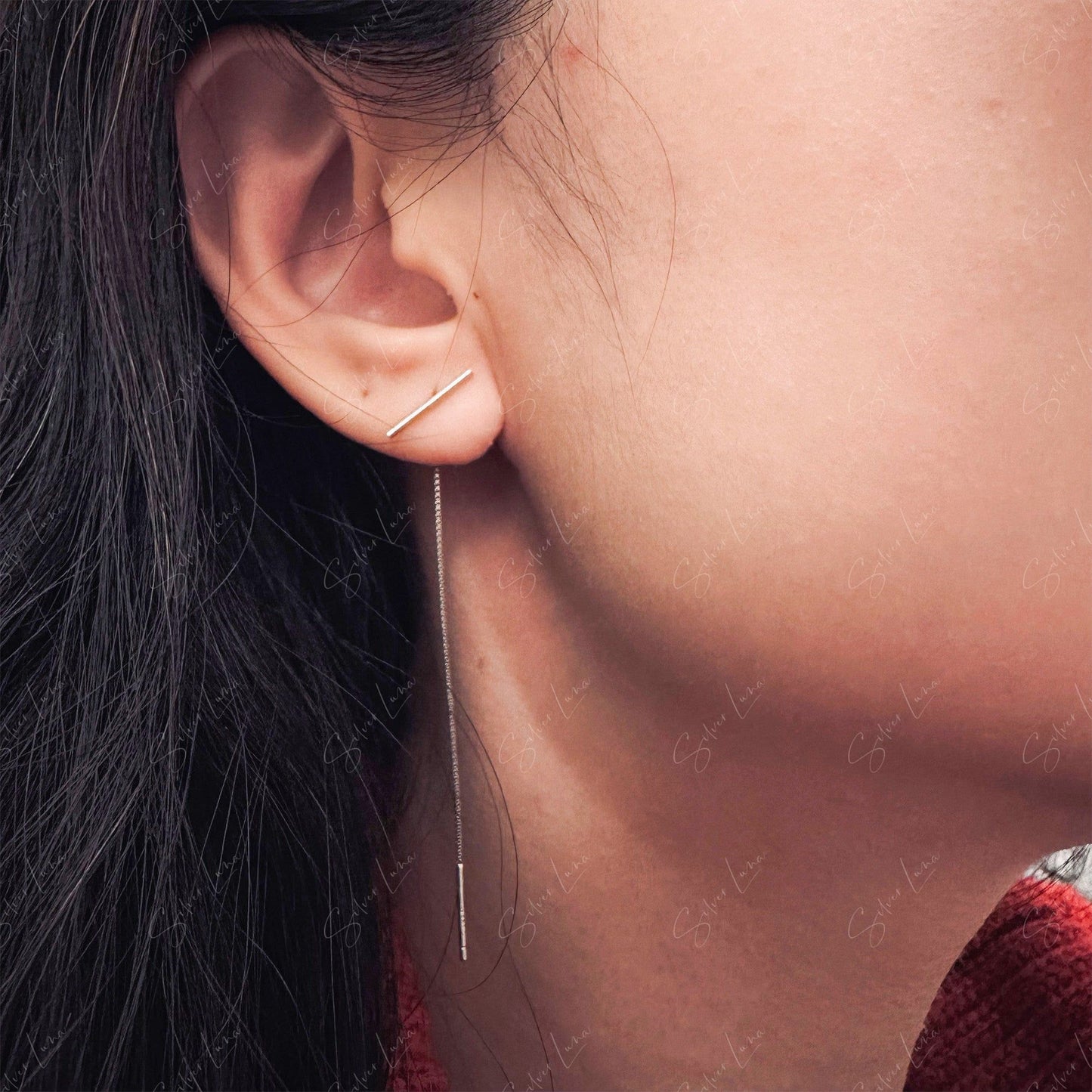 Silver stick ear threader earrings