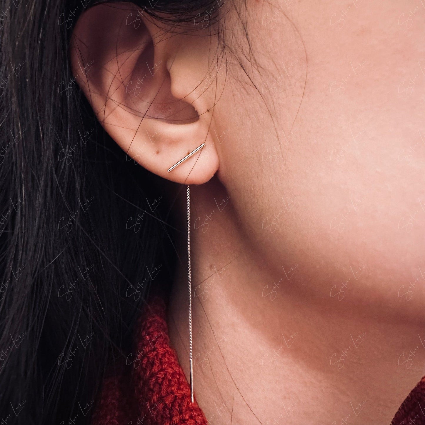 Silver stick ear threader earrings