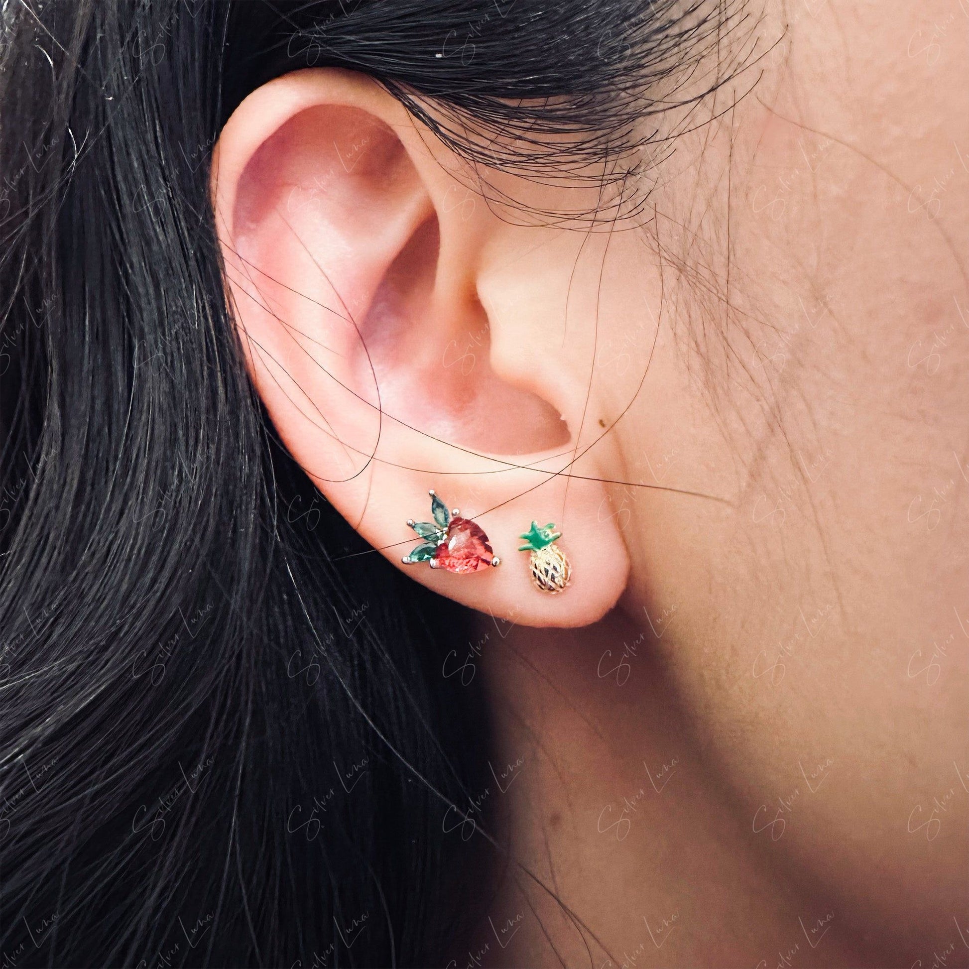 strawberry silver stud earrings