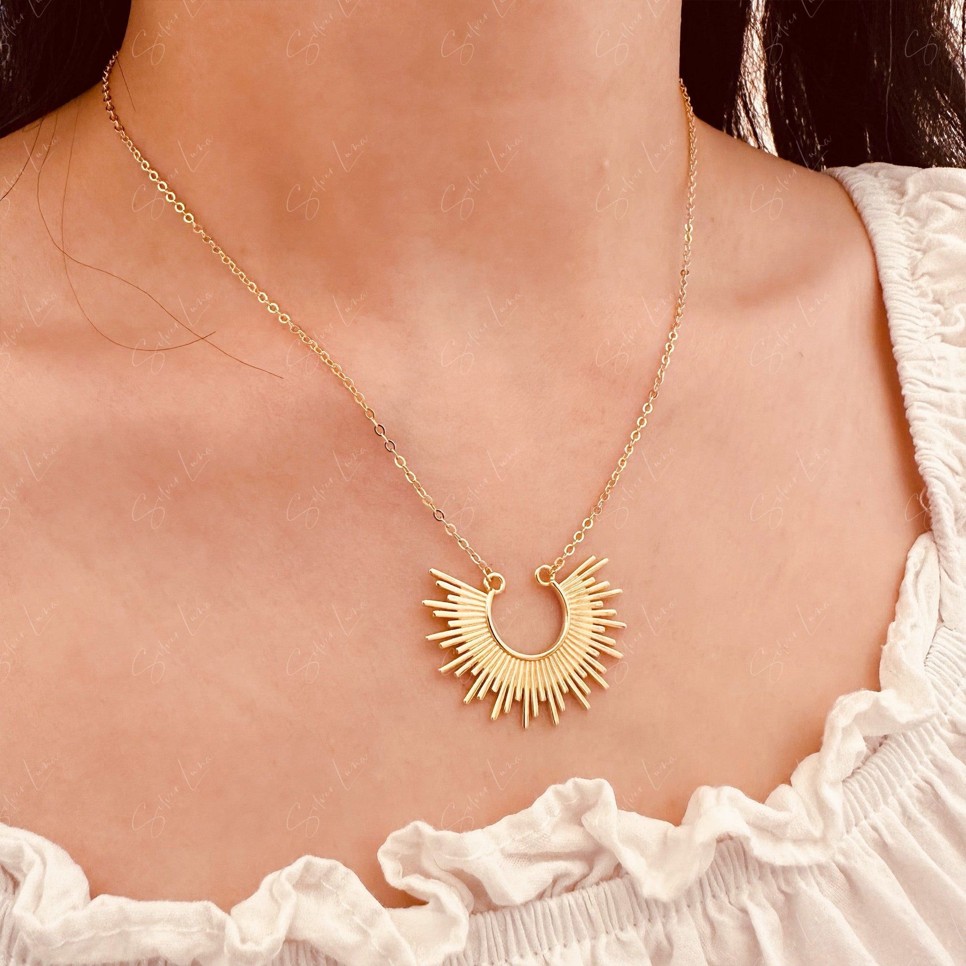 gold sun ray pendant necklace