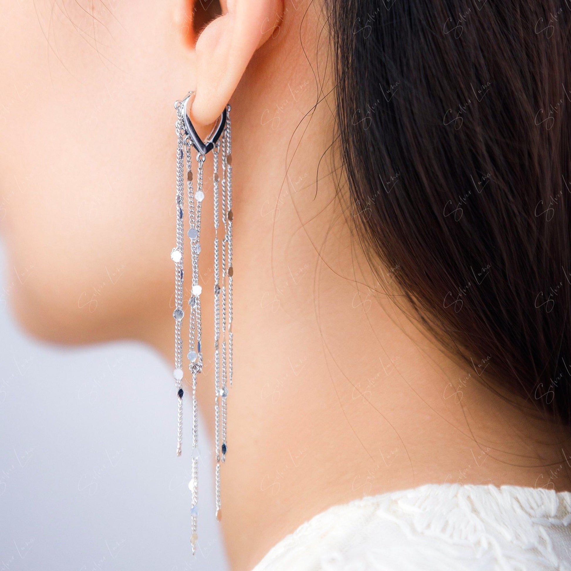 silver chain tassel hoop earrings
