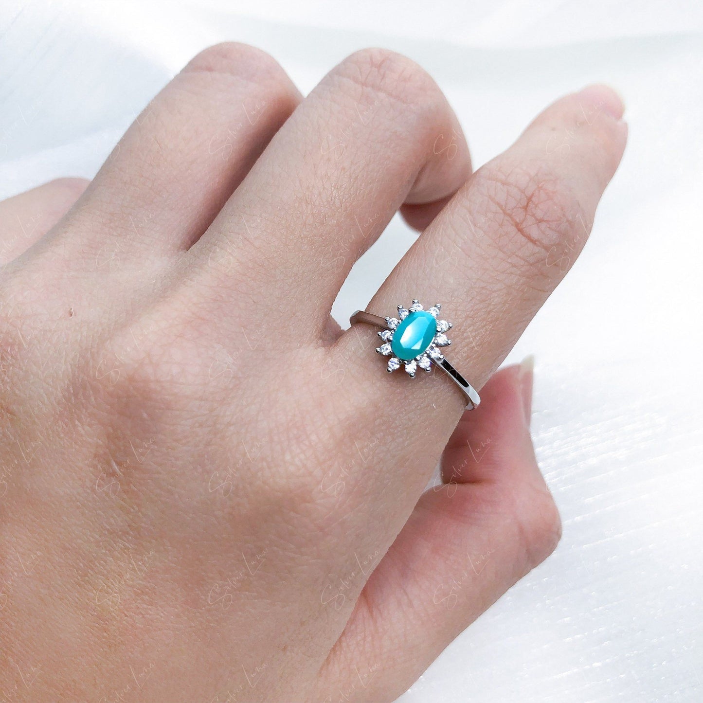 Turquoise zircon halo silver ring