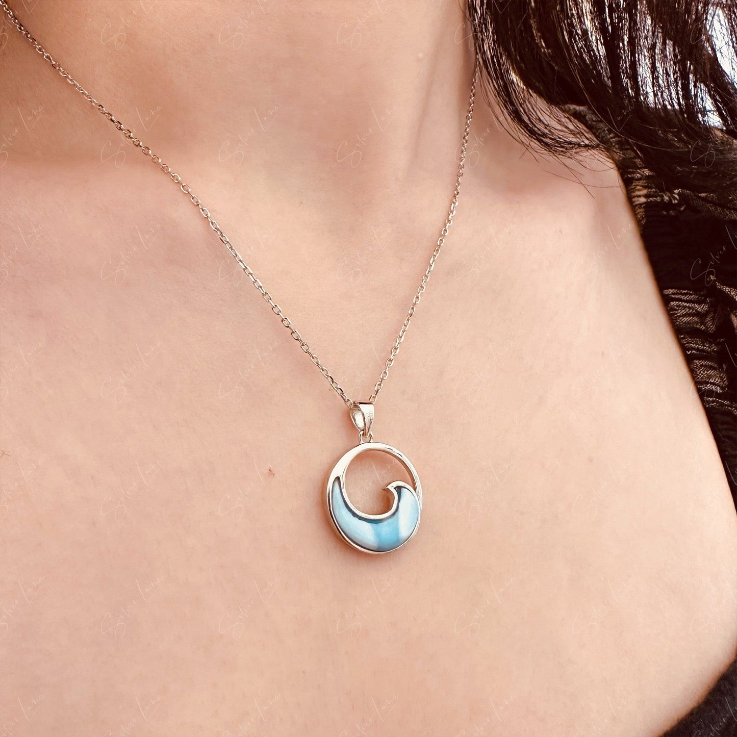 Larimar blue wave pendant necklace and earrings